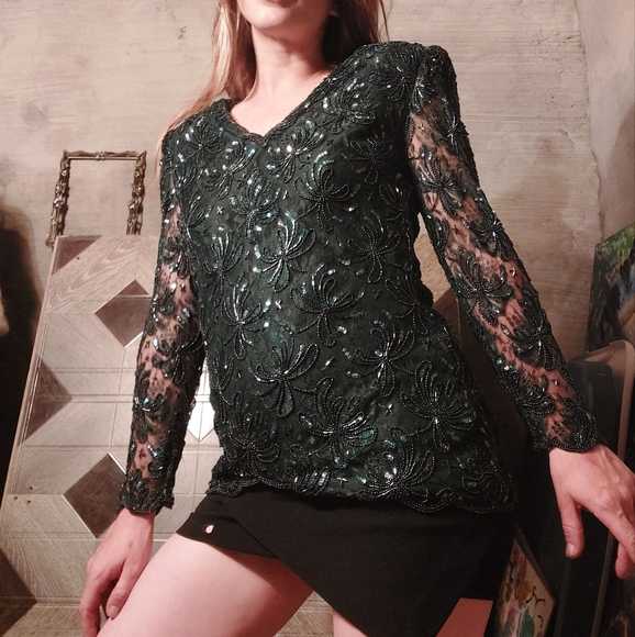 1980's Lawrence Kozar glitz & glam silk mermaid top - Picture 7 of 15